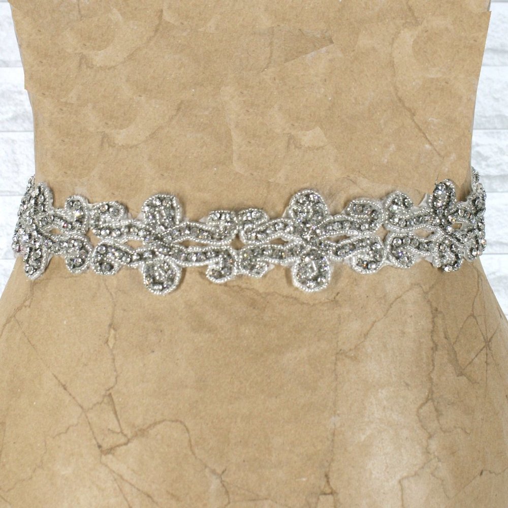 KM2 Crystal Rhinstone Sash Belt Headband Silver Ribbon Tie Bridal Prom Wedding